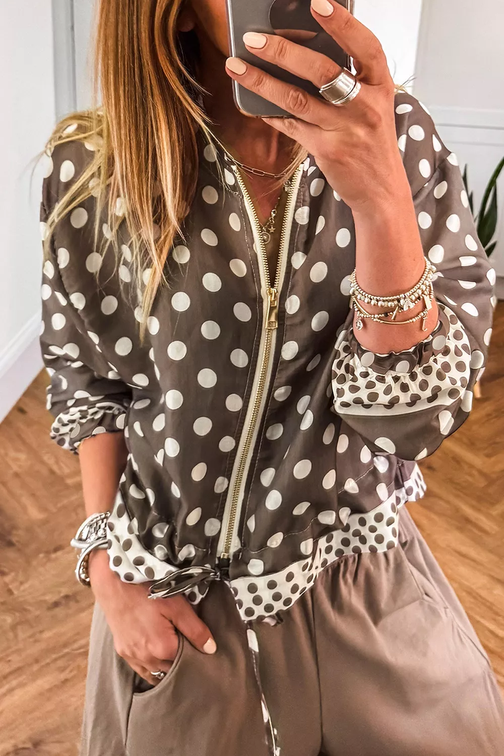 Polka Dot Contrast Detail Zip-Up Long Sleeve Shacket, image 2