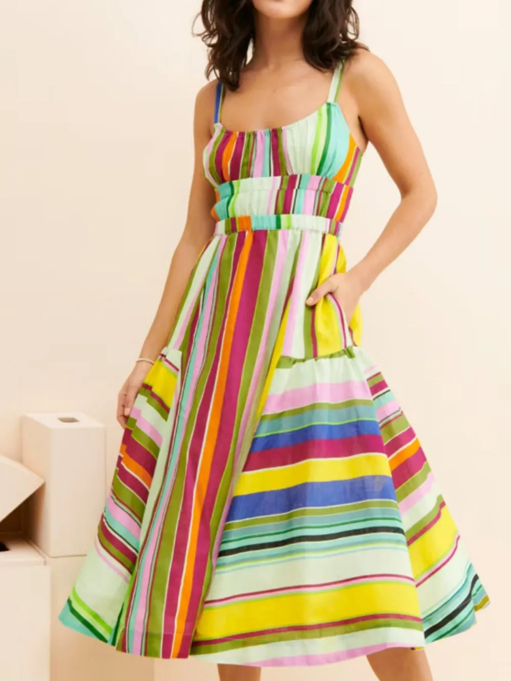 Colorful Striped Spaghetti Strap Midi Dress, image 4