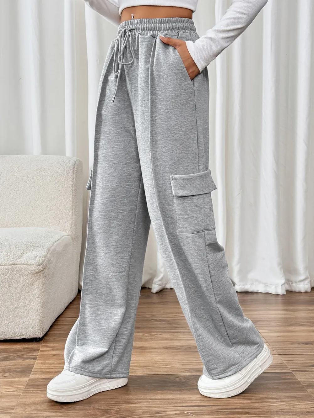 Drawstring Wide Leg Pants with Pockets, image 3