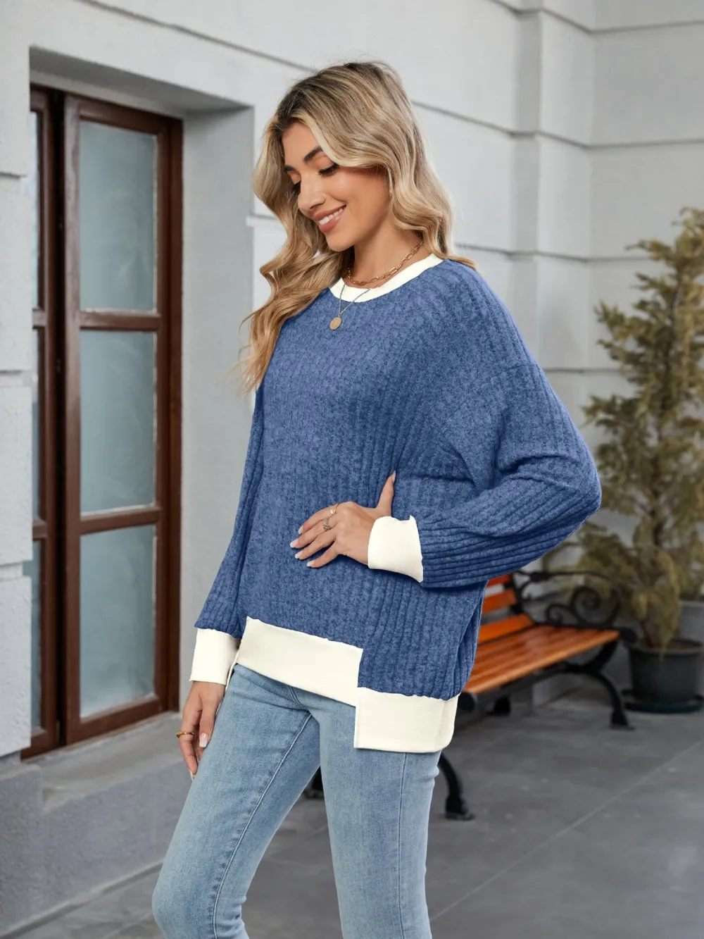 Contrast Trim Round Neck Long Sleeve T-Shirt, image 19