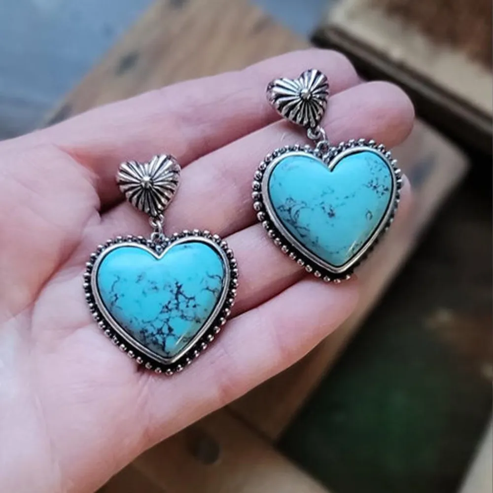 Artificial Turquoise Alloy Heart Dangle Earrings, image 3