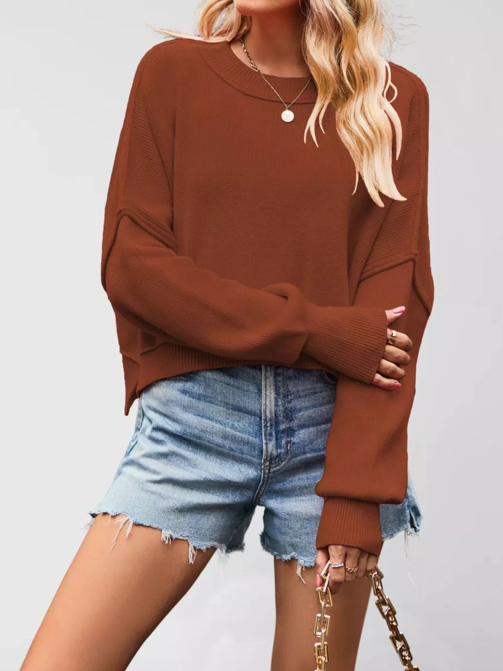 Crew Neck Dropped Shoulder Sweater, image 7