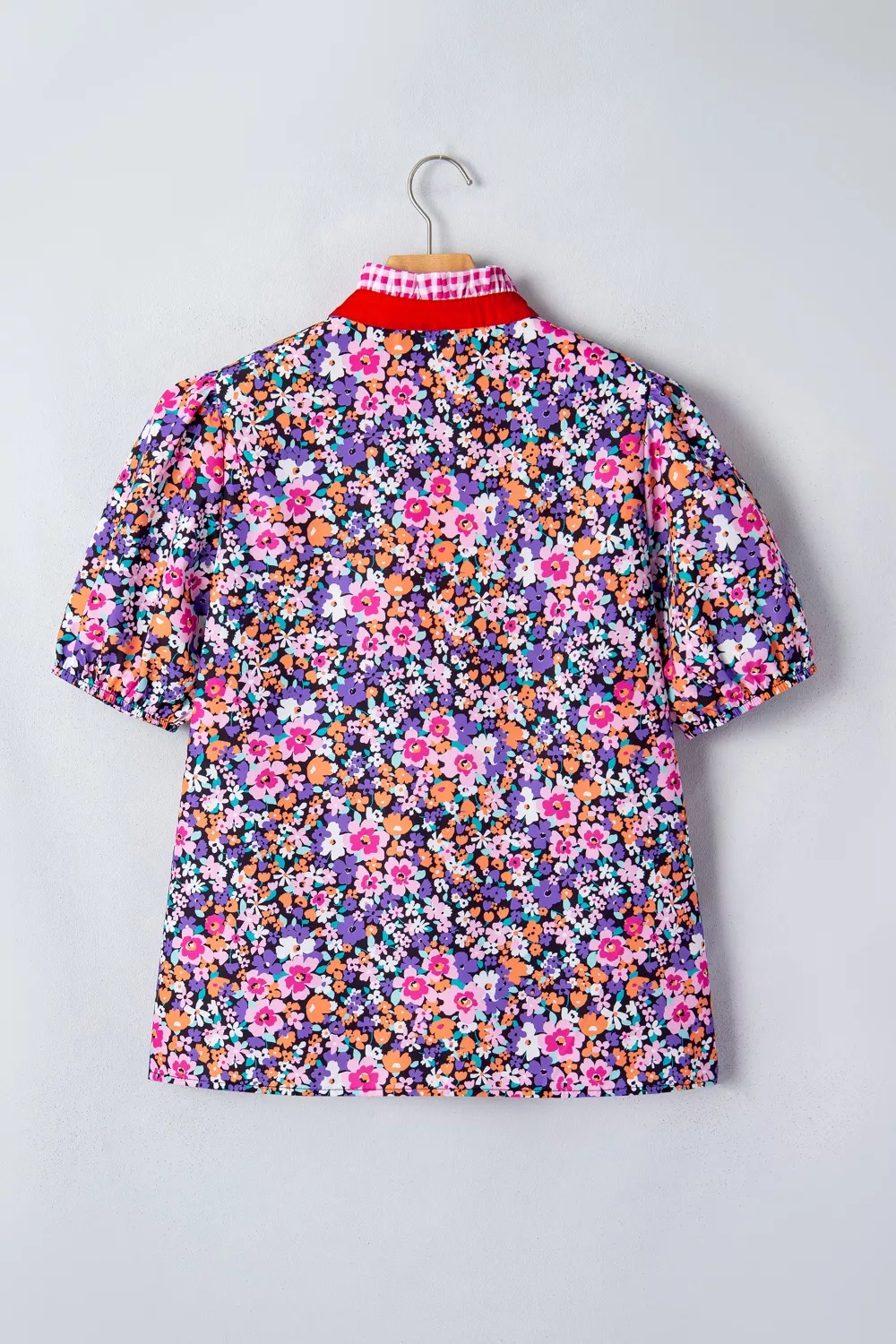 Ditsy Floral Print Plaid Colorblock Trim V Neck Blouse, image 6