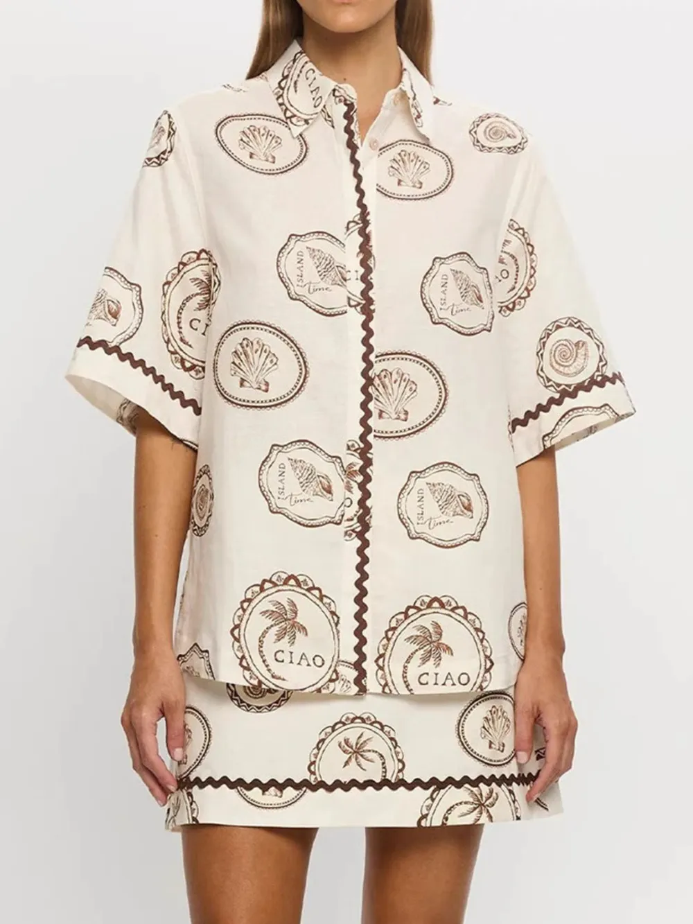 Printed Button Up Shirt and Skirt Set, image 2