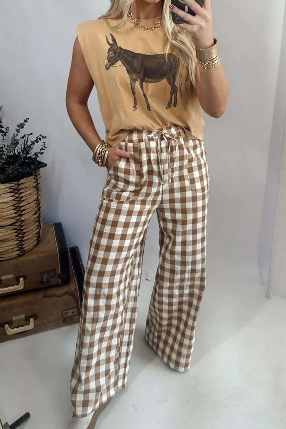 Gingham Plaid Tie Elastic Waist Shift Pants, image 4