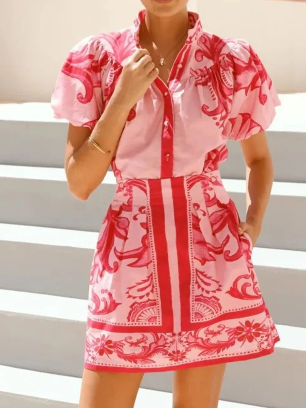 Printed Puff Sleeve Top and Skirt Set, image 11
