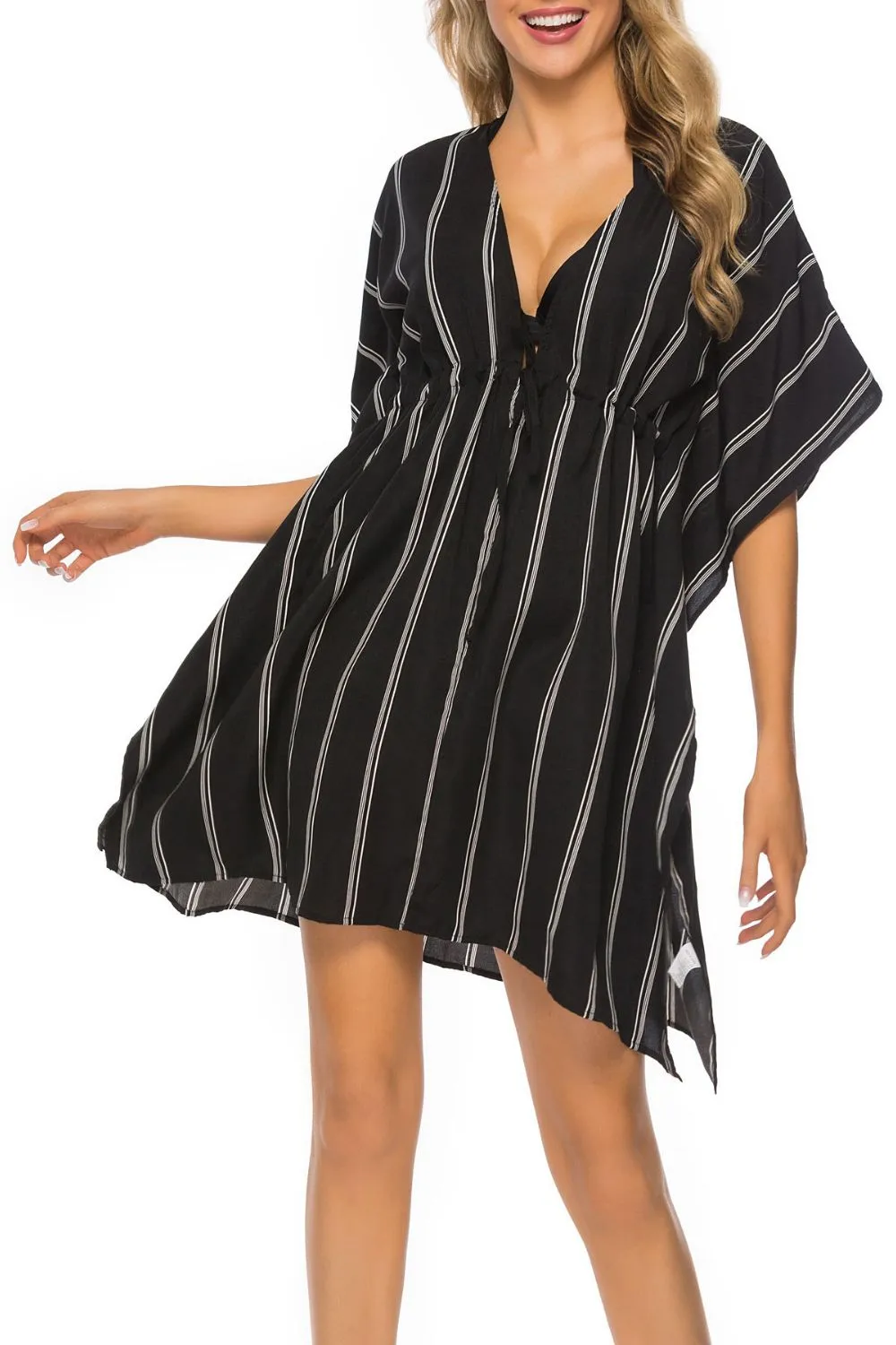 Drawstring Striped V-Neck Cover-Up