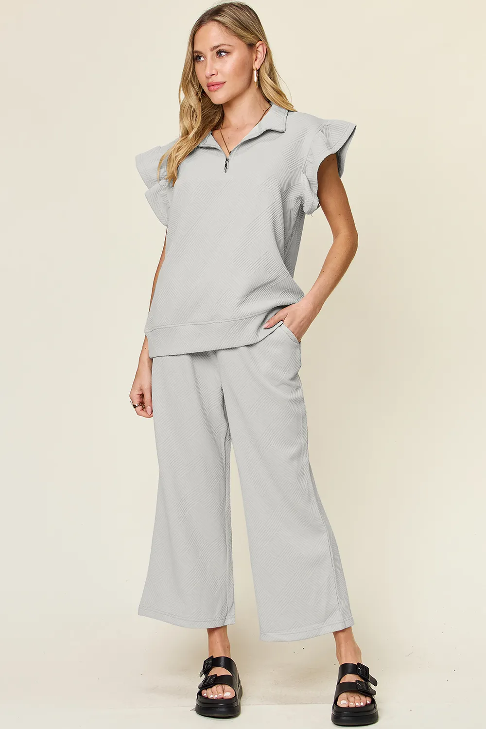 Texture Ruffle Short Sleeve Top and Drawstring Wide Leg Pants Set, image 24