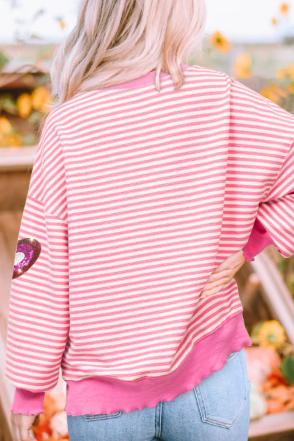 Valentine’s Day Sequin Heart Striped Round Neck Long Sleeve Sweatshirt, image 3