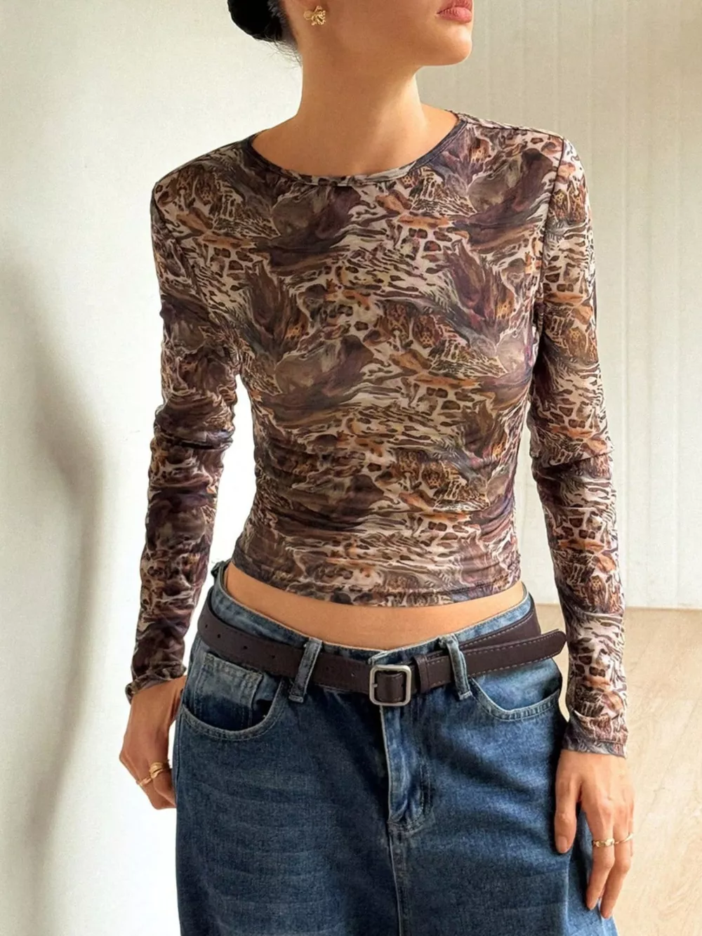 Leopard Print Long Sleeve Mesh Top, image 2