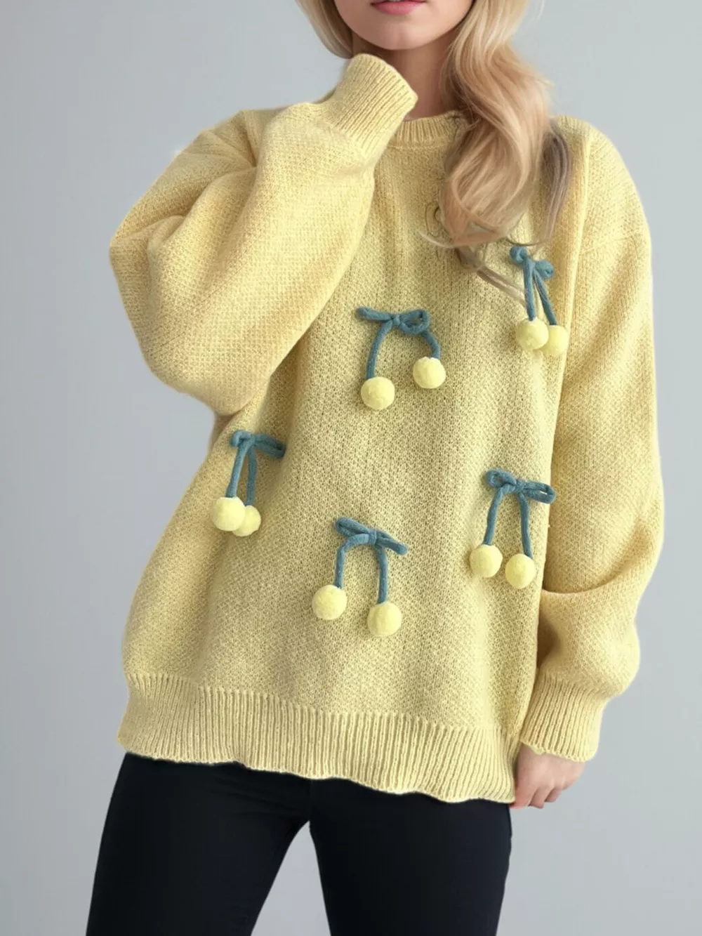 Cherry Pom-Pom Knit Round Neck Sweater, image 8