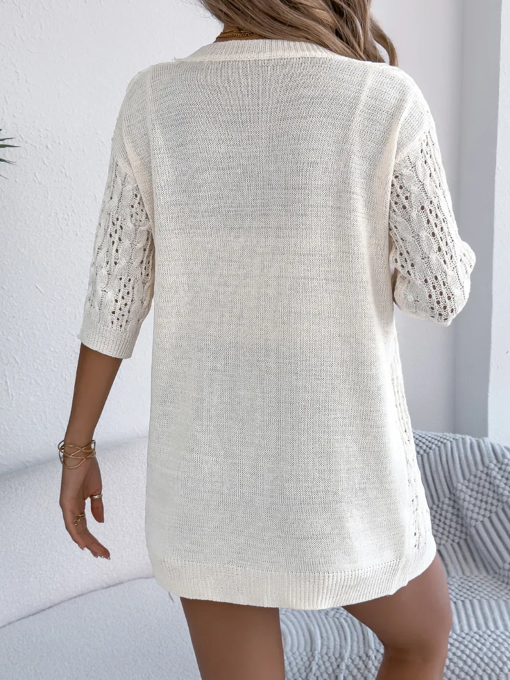 Openwork Open Front Half Sleeve Cardigan, image 6