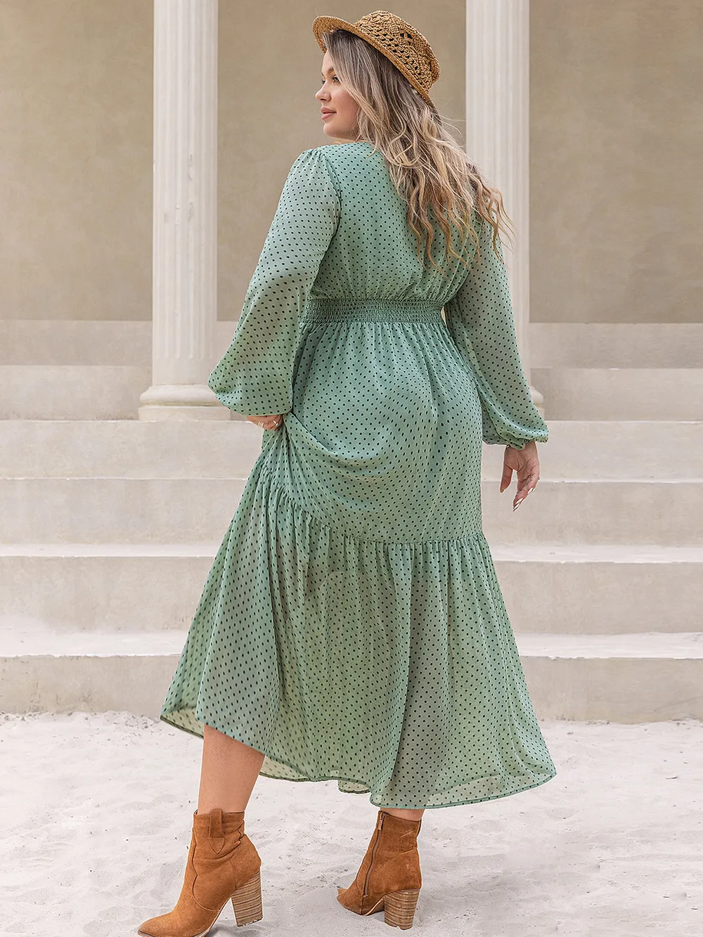 Plus Size Tassel Printed Tie Neck Long Sleeve Midi Dress, image 5