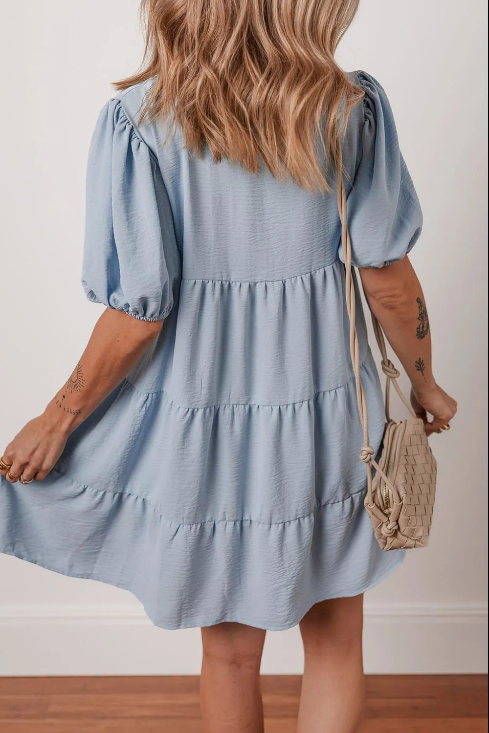 Button Up Puff Sleeve Tiered Shirt Dress, image 7