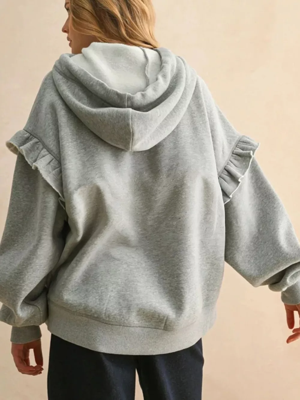 Contrast Rope Drawstring Ruffle Trim Drop Shoulder Baggy Hoodie, image 2