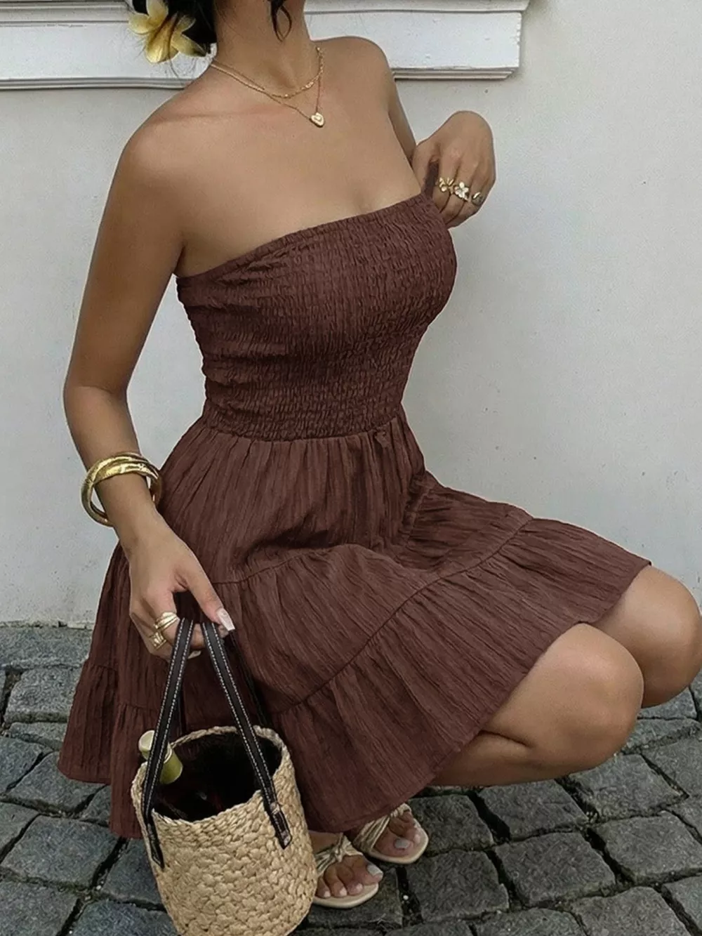 Smocked Strapless Tiered Ruffle Mini Dress, image 2