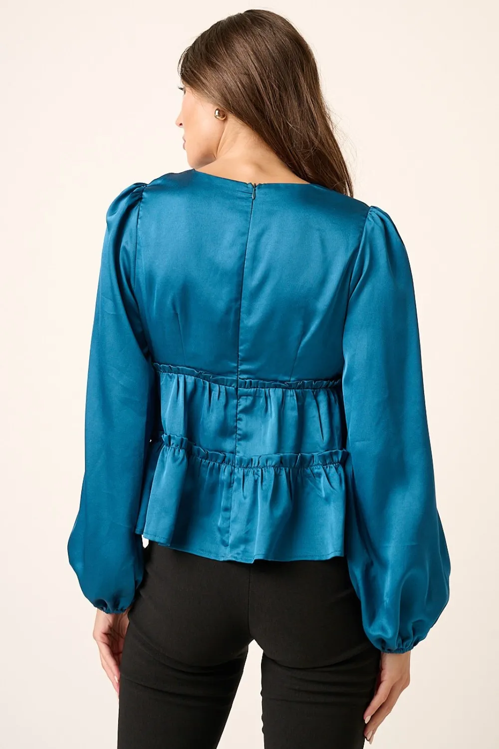 Satin V Neck Ruffled Tier Blouse, image 2