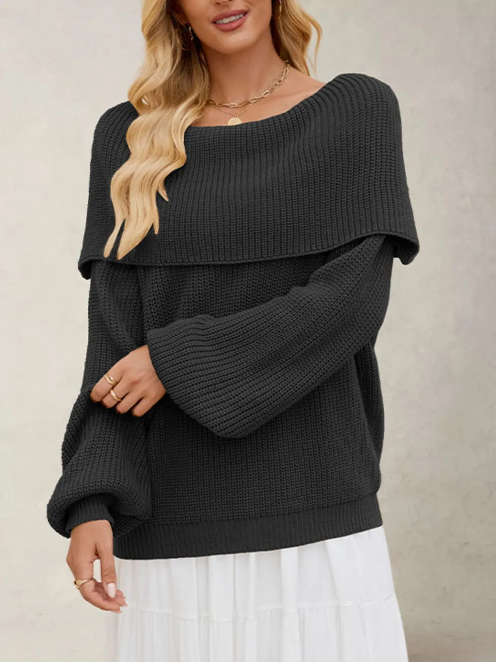 Fold-Over Collar Long Sleeve Sweater, image 14