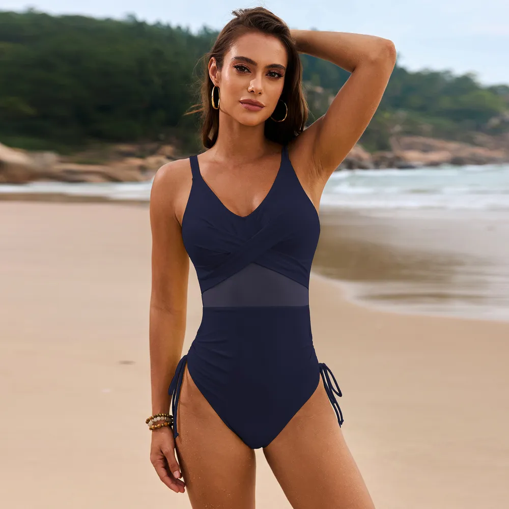 Drawstring Ruched V-Neck One-Piece Swimwear, image 3