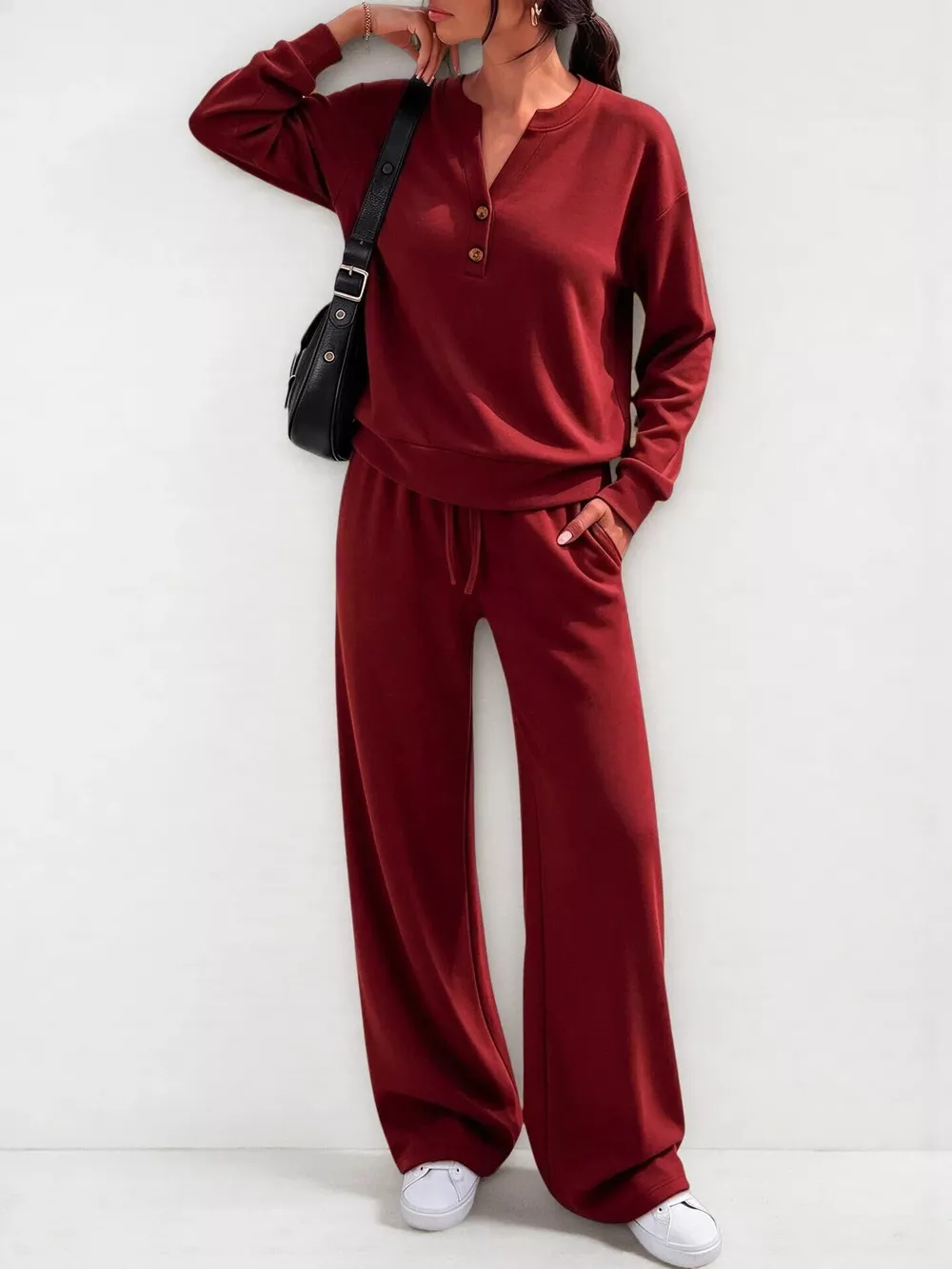 Button Detail Dropped Shoulder Top and Pants Set, image 21