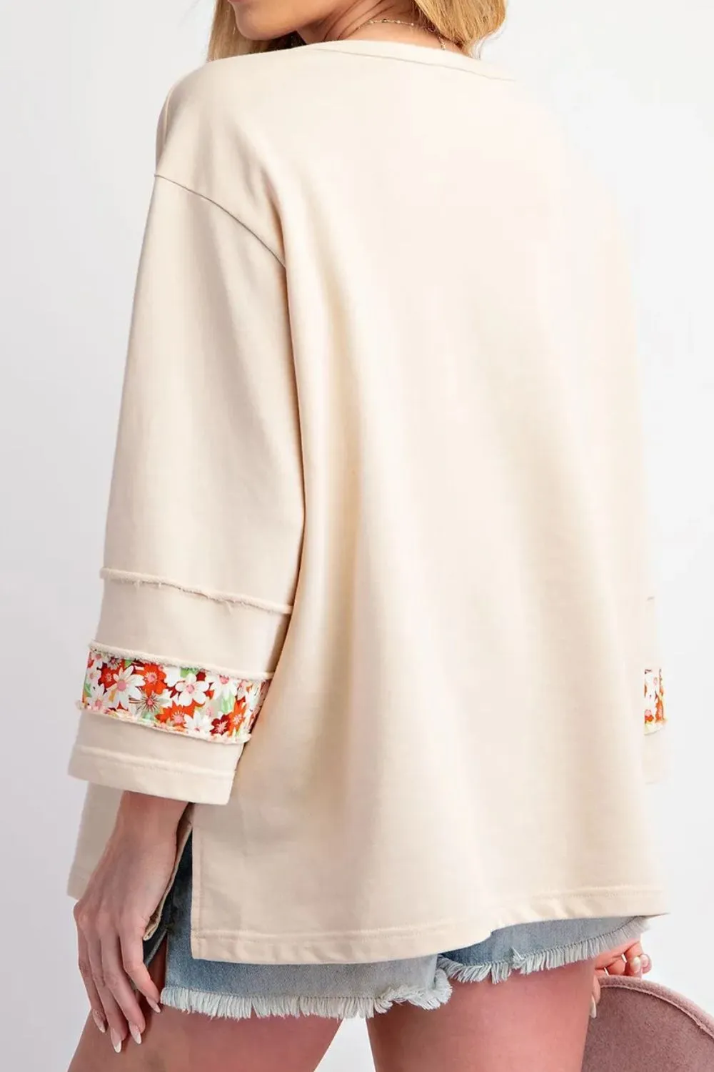 Exposed Seam Slit Floral Round Neck Blouse, image 6