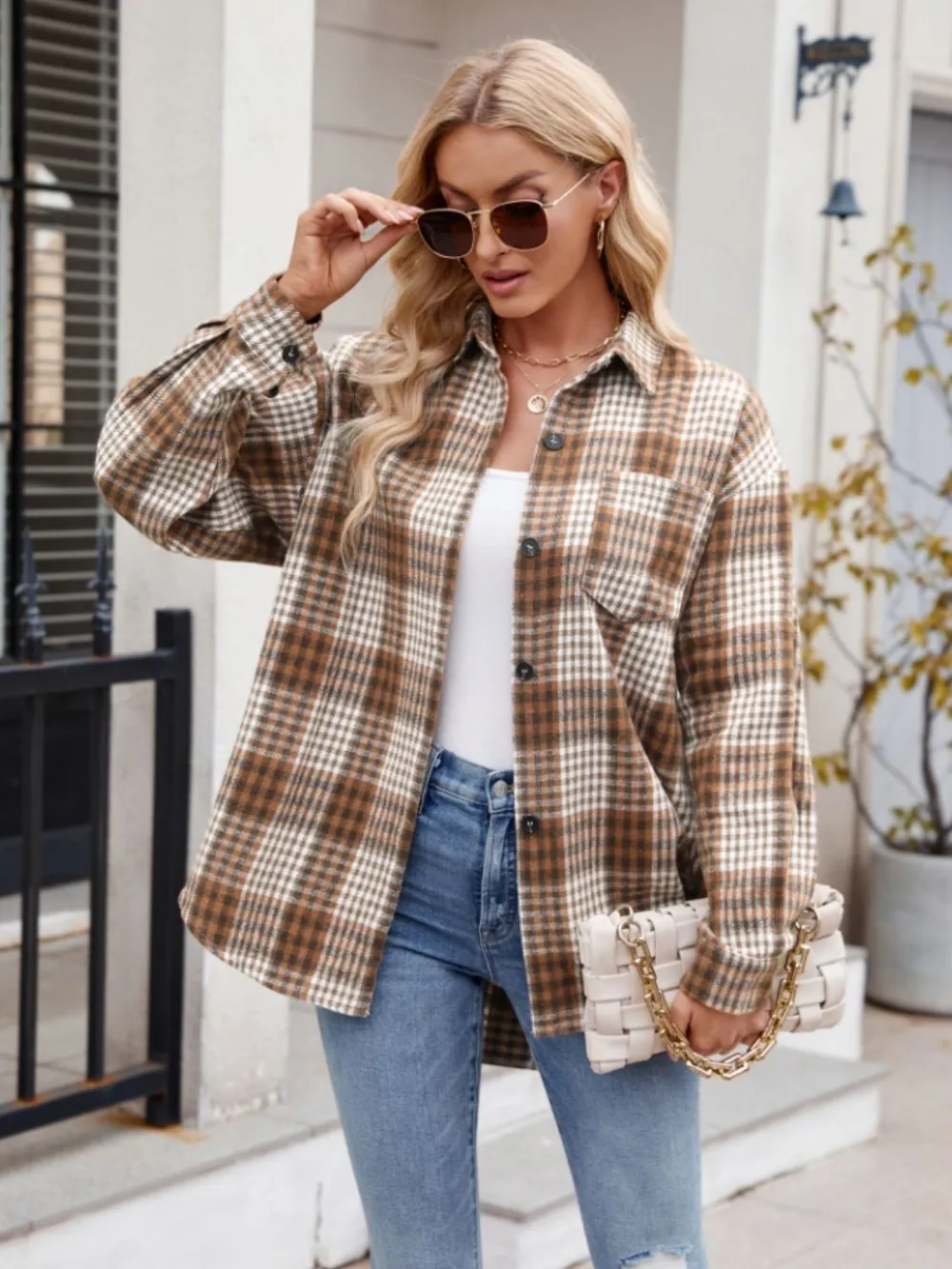 Pocketed Plaid Collared Neck Long Sleeve Shirt, image 7
