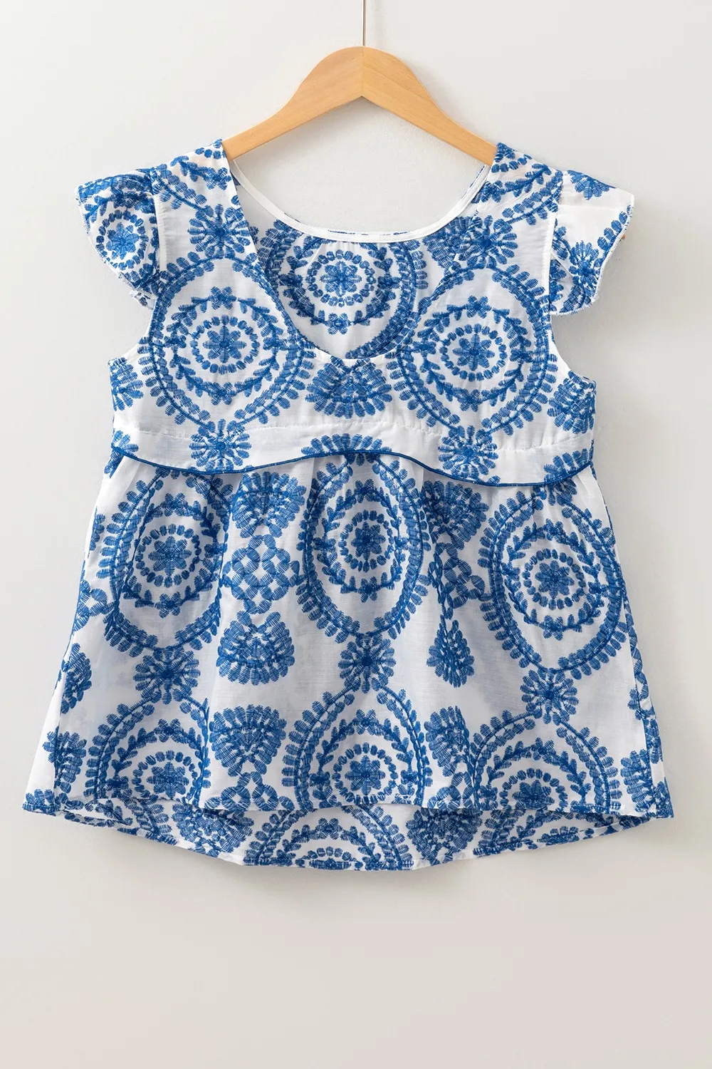 Boho Print Ruffled Cap Sleeve Crew Neck Blouse, image 5