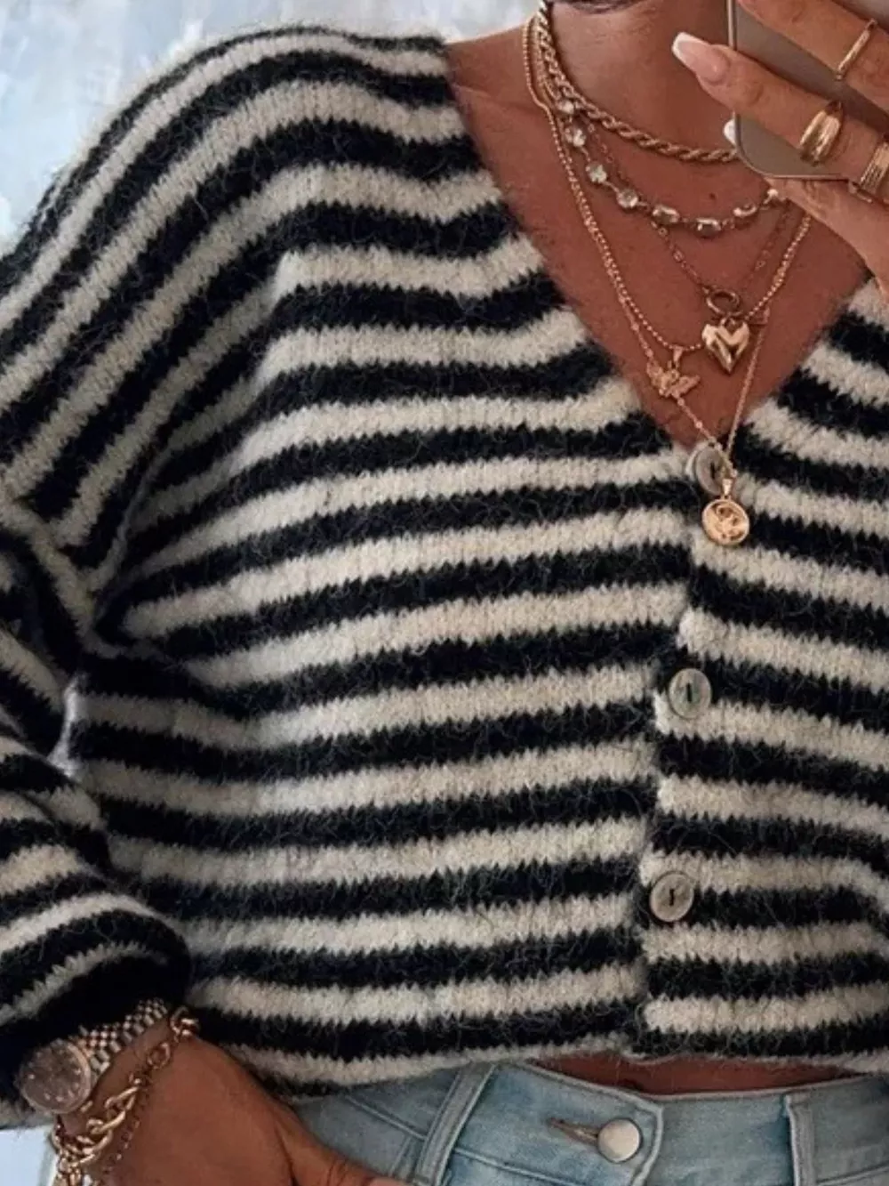 Striped Knit Button-Down Cardigan, image 5