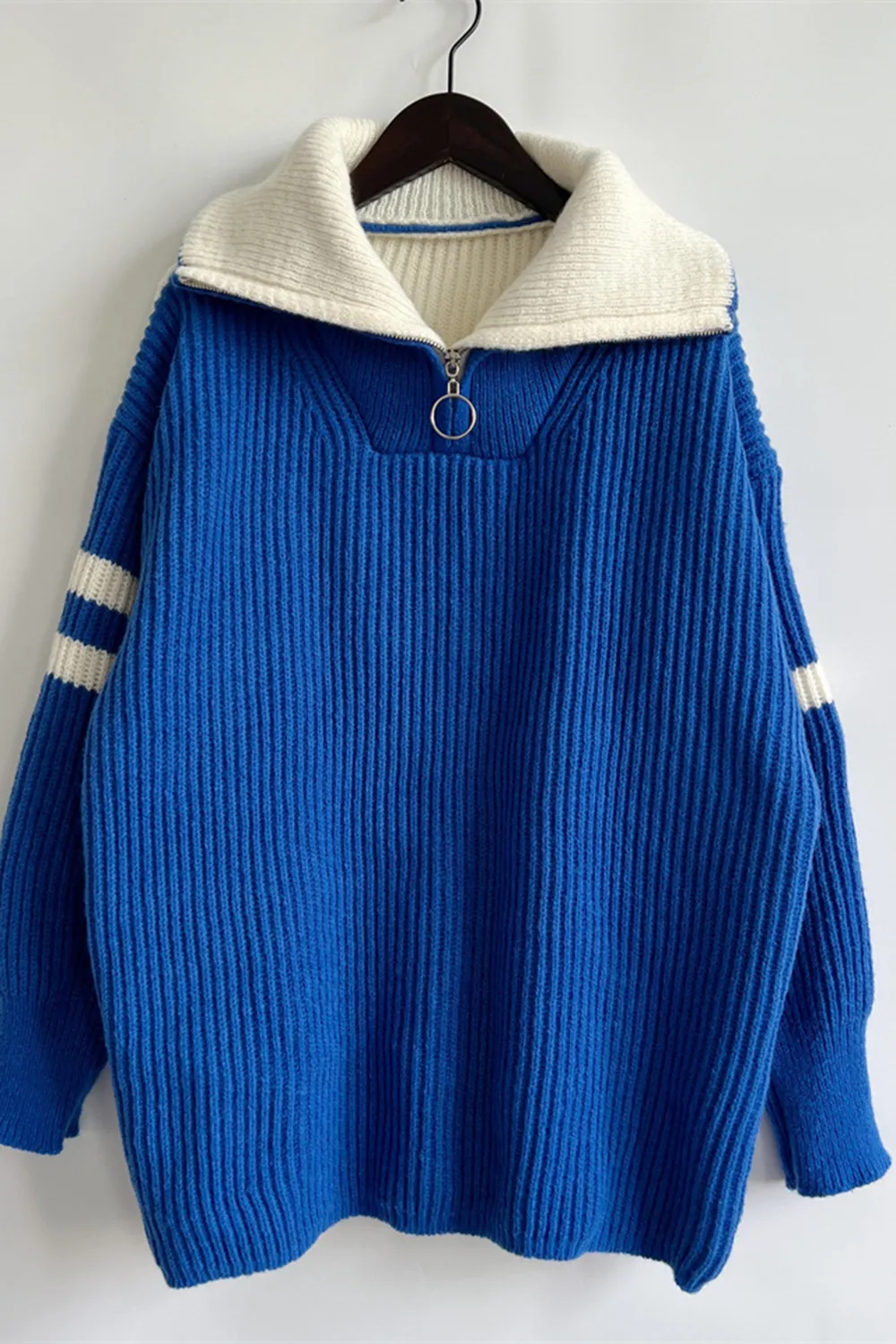 Quarter Zip Striped Dropped Shoulder Sweater, image 4