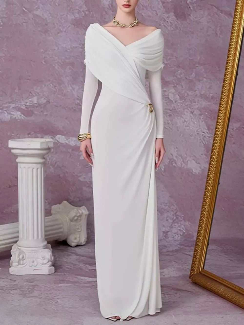 Ruched Draped Long Sleeve Maxi Dress, image 4