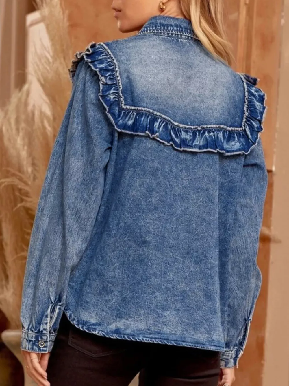 intage Wash Denim Ruffle Detail Button Down Shirt, image 6