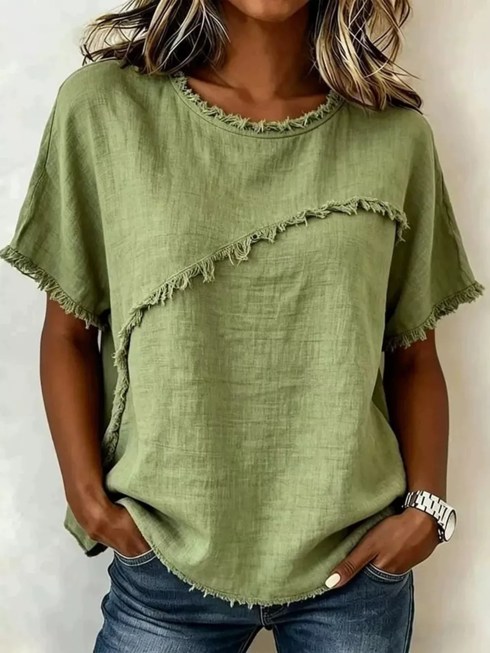 Full Size Frayed Hem Short Sleeve Top Plus Size, image 7