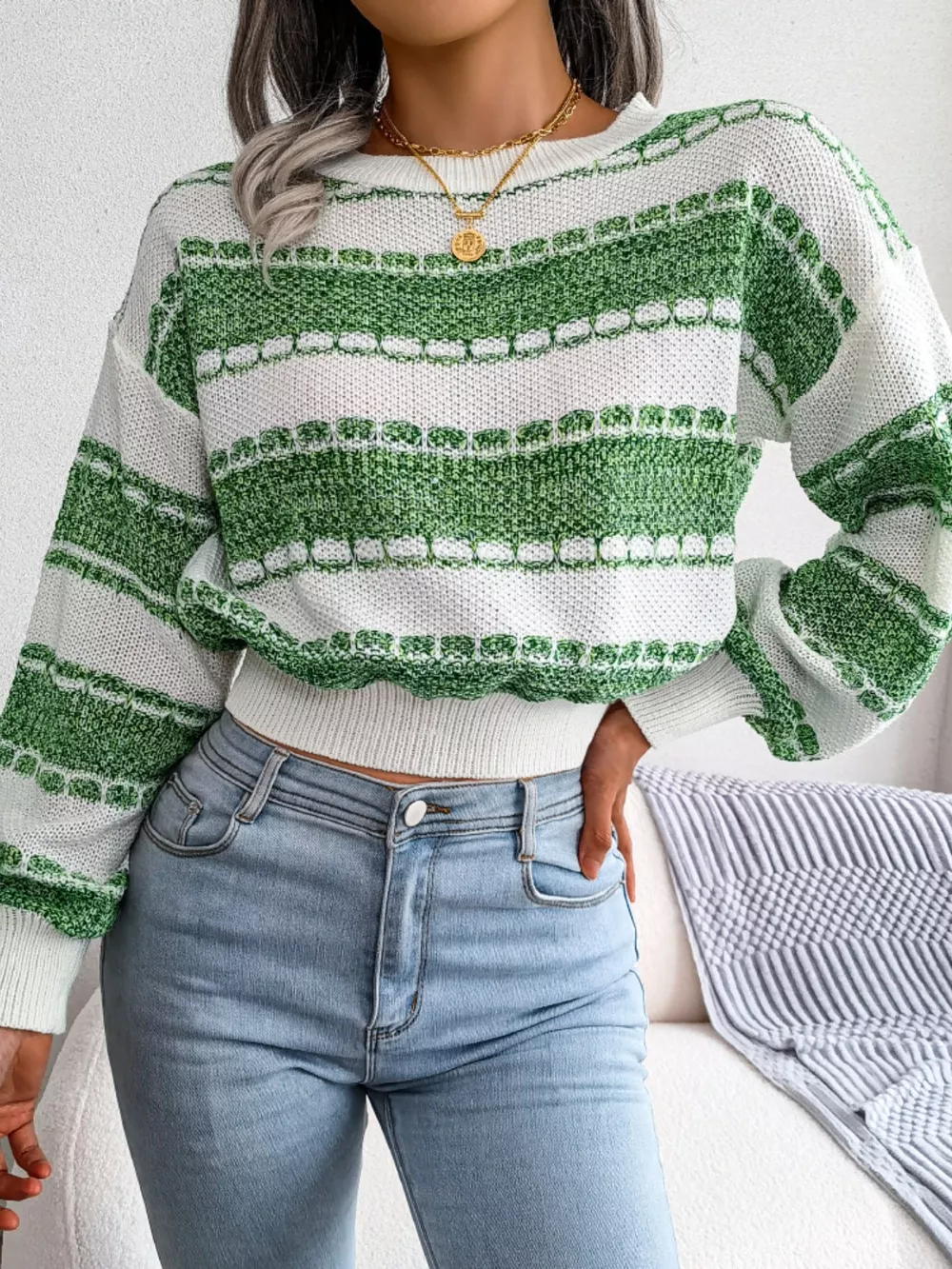Color Block Round Neck Cropped Sweater, image 18
