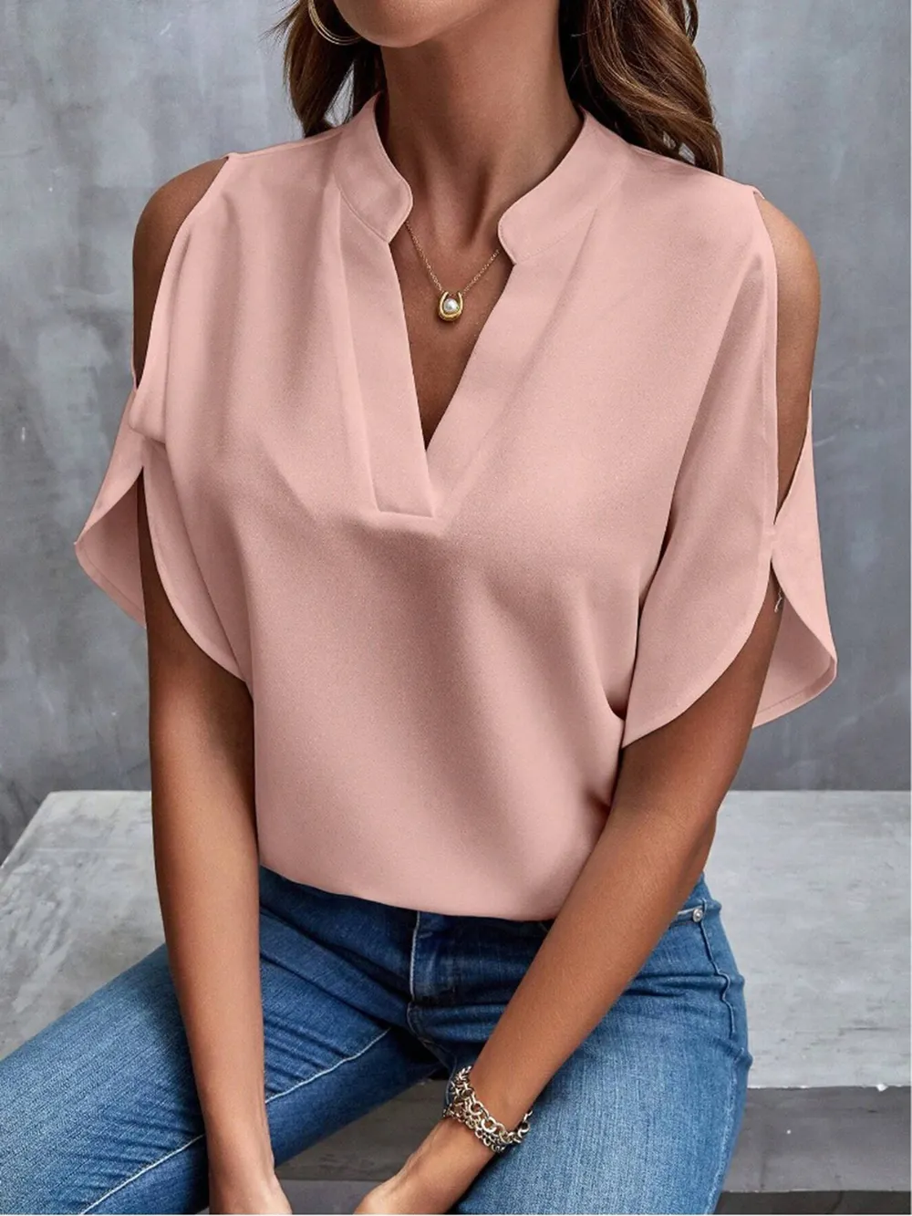 Notched Cold Shoulder Half Sleeve Blouse, image 8