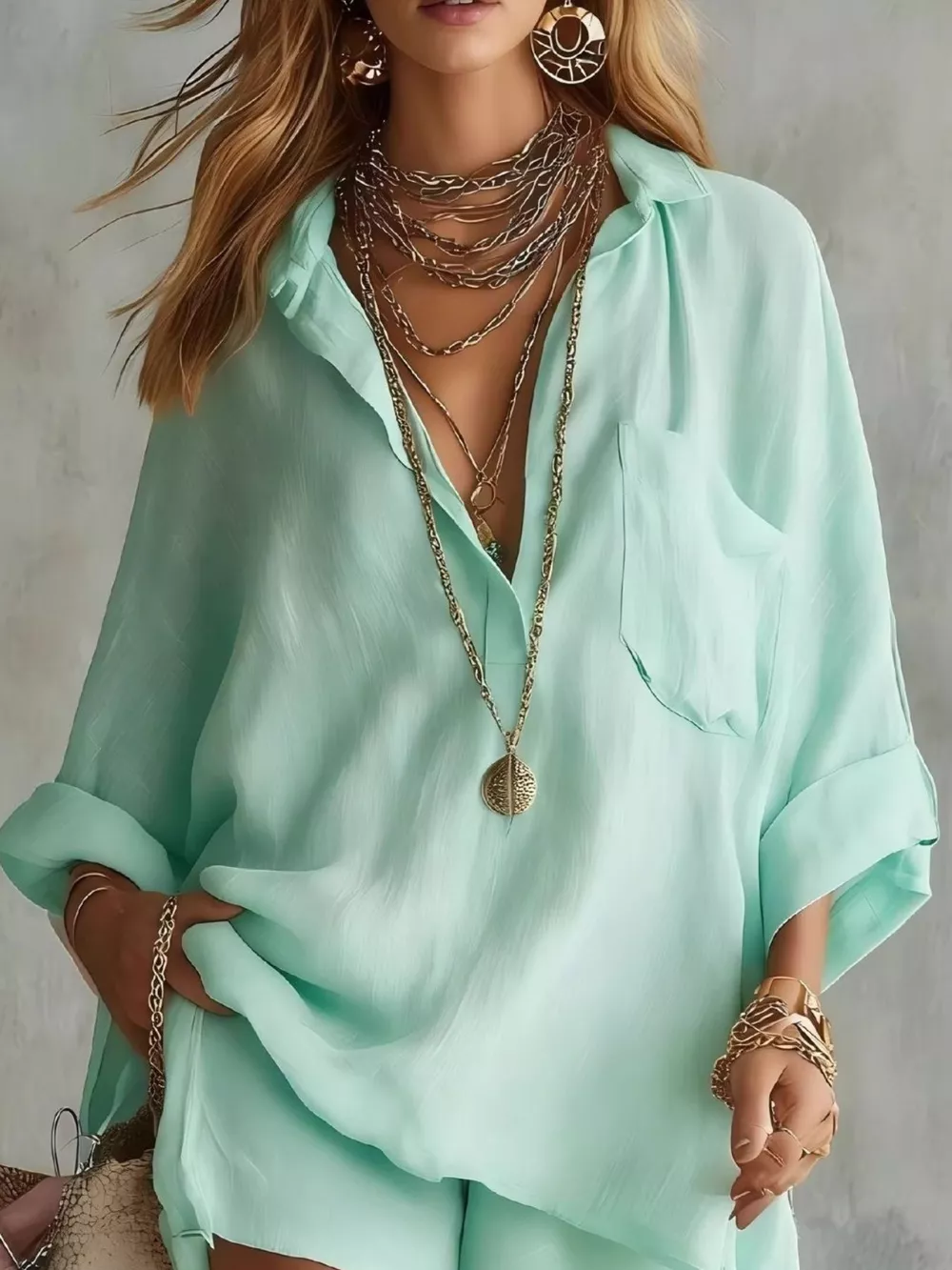 Full Size Half Button Shirt and Shorts Two-Piece Set Plus Size, image 12