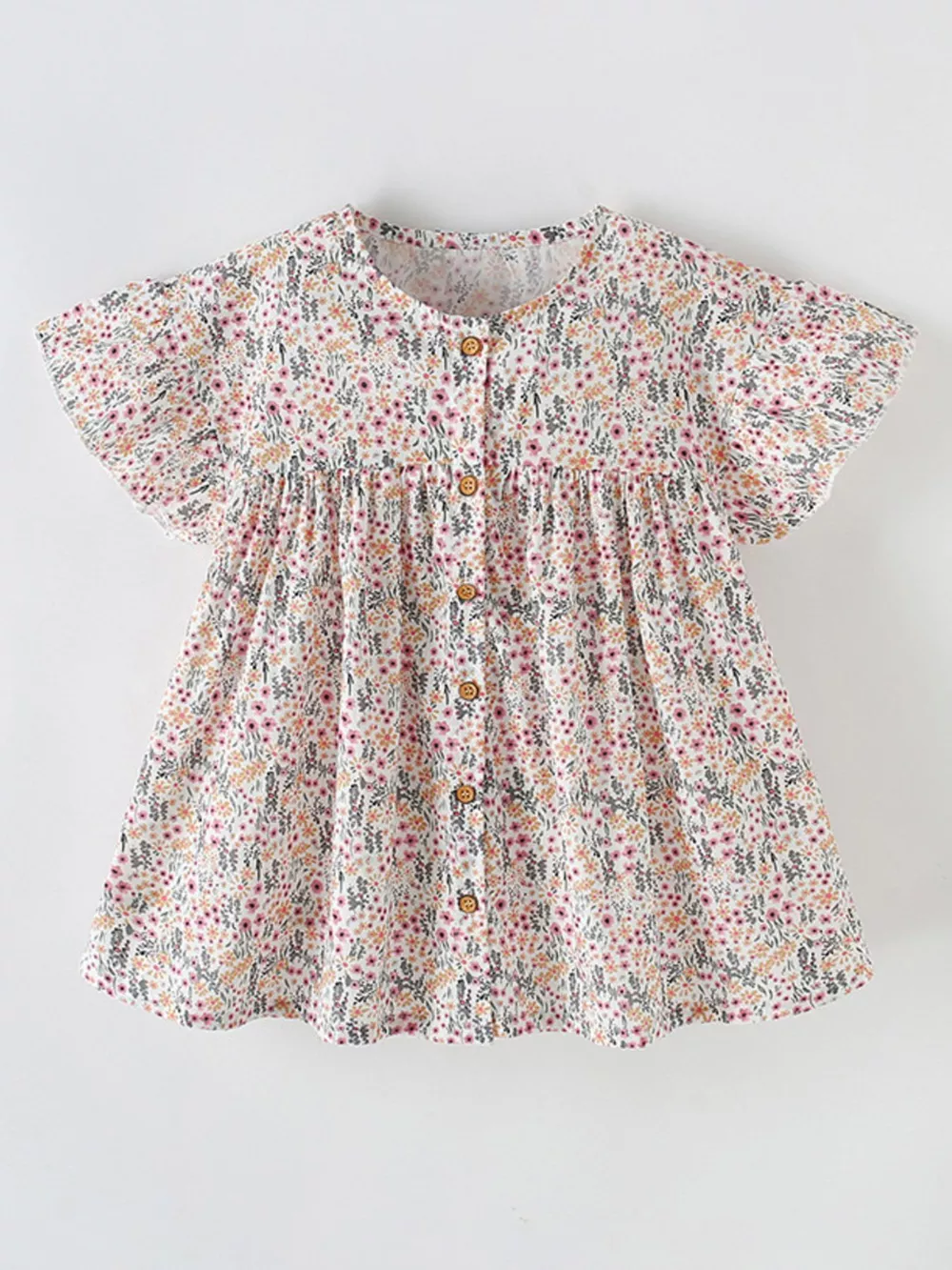 Children's Floral Print Button-Front Ruffle Sleeve Dress