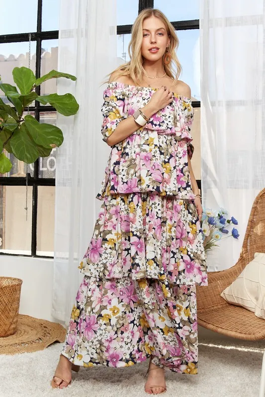 Layered Floral Off-Shoulder Short Sleeve Maxi Dress, image 10