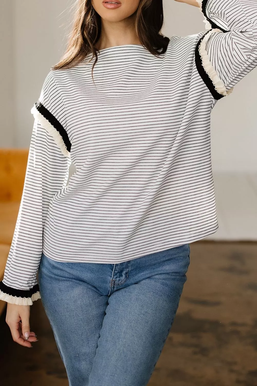 Stripe Contrasted Ruffle Trim Loose Long Sleeve Top