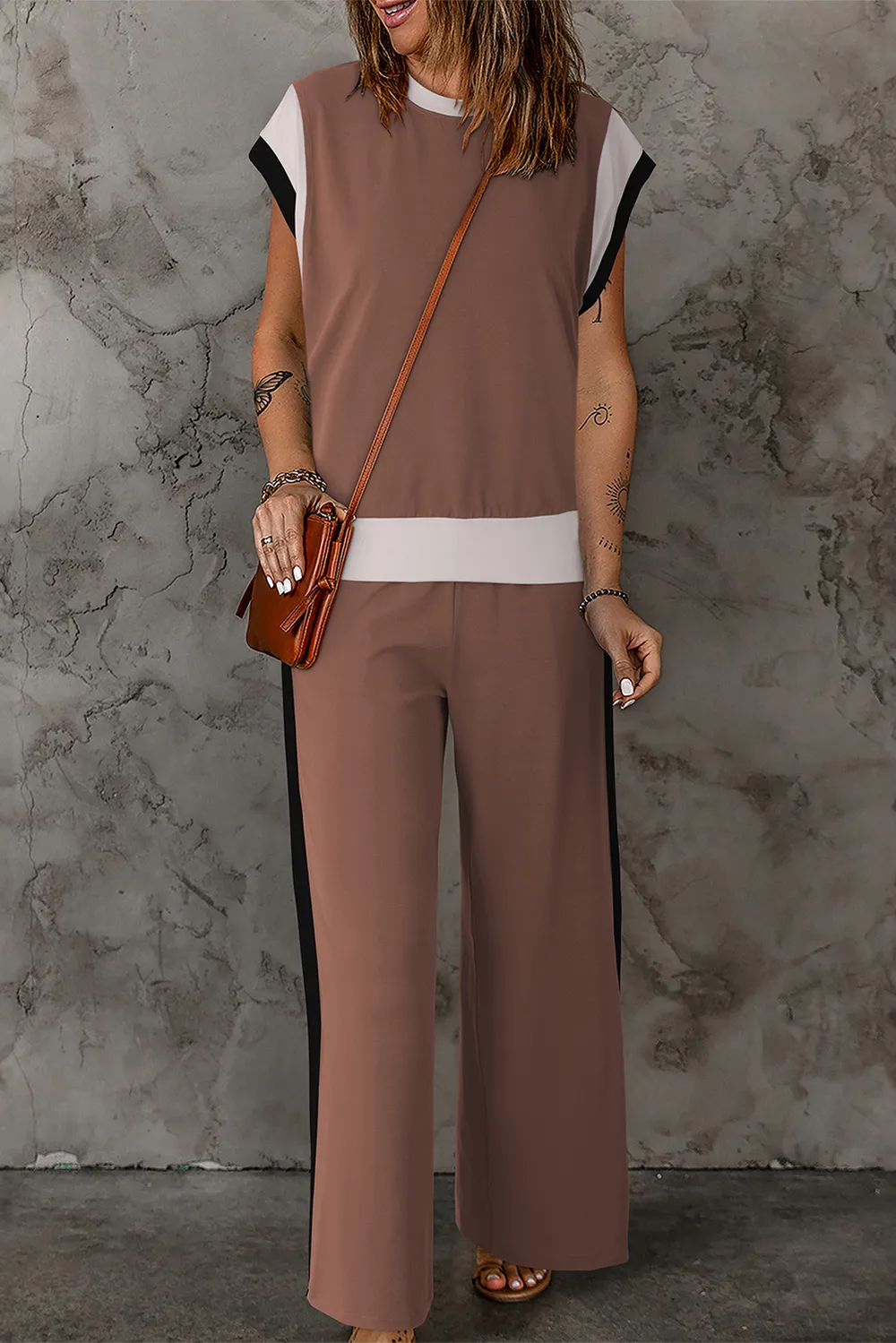 Contrast Round Neck Top and Pants Set, image 9