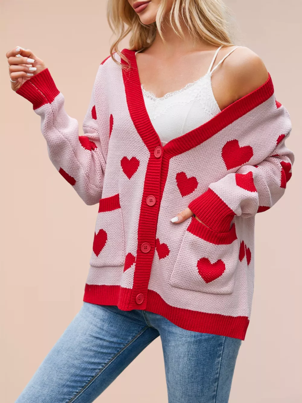 Heart Pattern Button-Up Knit Cardigan, image 5