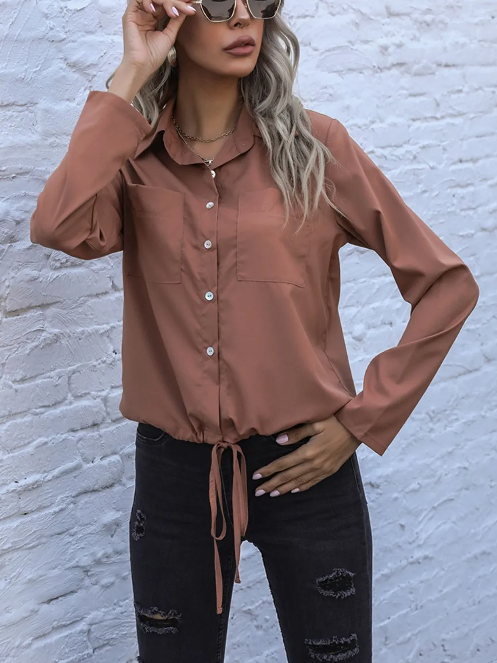 Tied Hem Button Down Long Sleeve Shirt, image 7