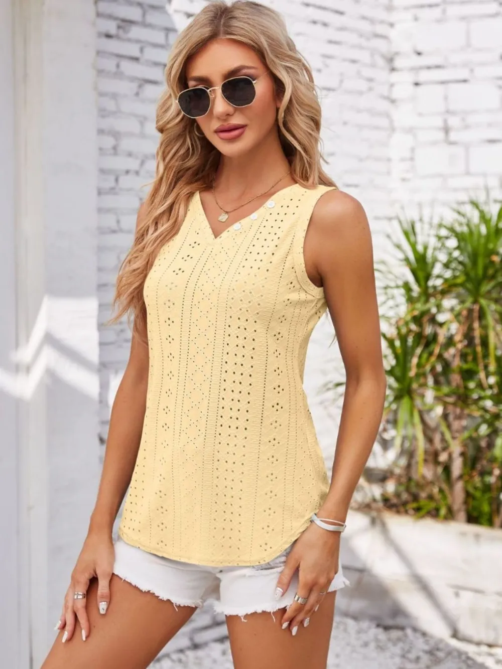 Eyelet Decorative Button V-Neck Tank, image 18