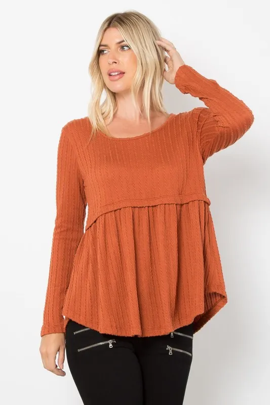 Full Size Texture Babydoll Round Neck Long Sleeve Knit Top