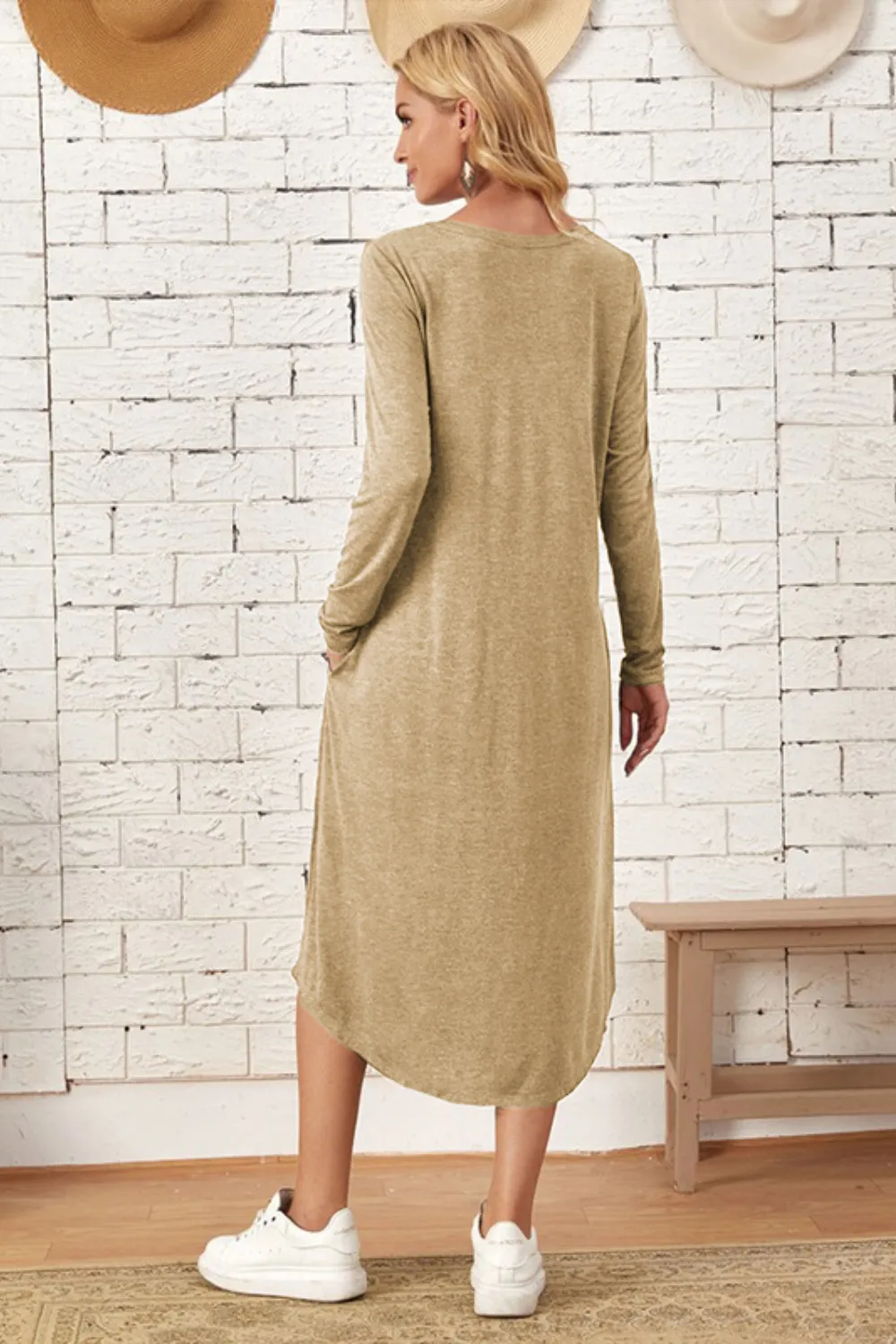 Pocketed Round Neck Long Sleeve Tee Dress, image 11