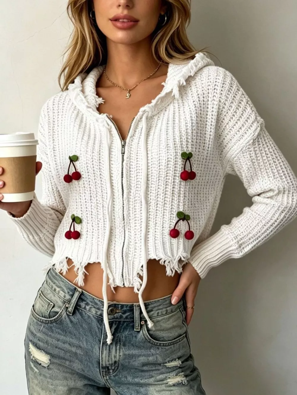Cherry Knit Zip-Up Hooded Sweater, image 10