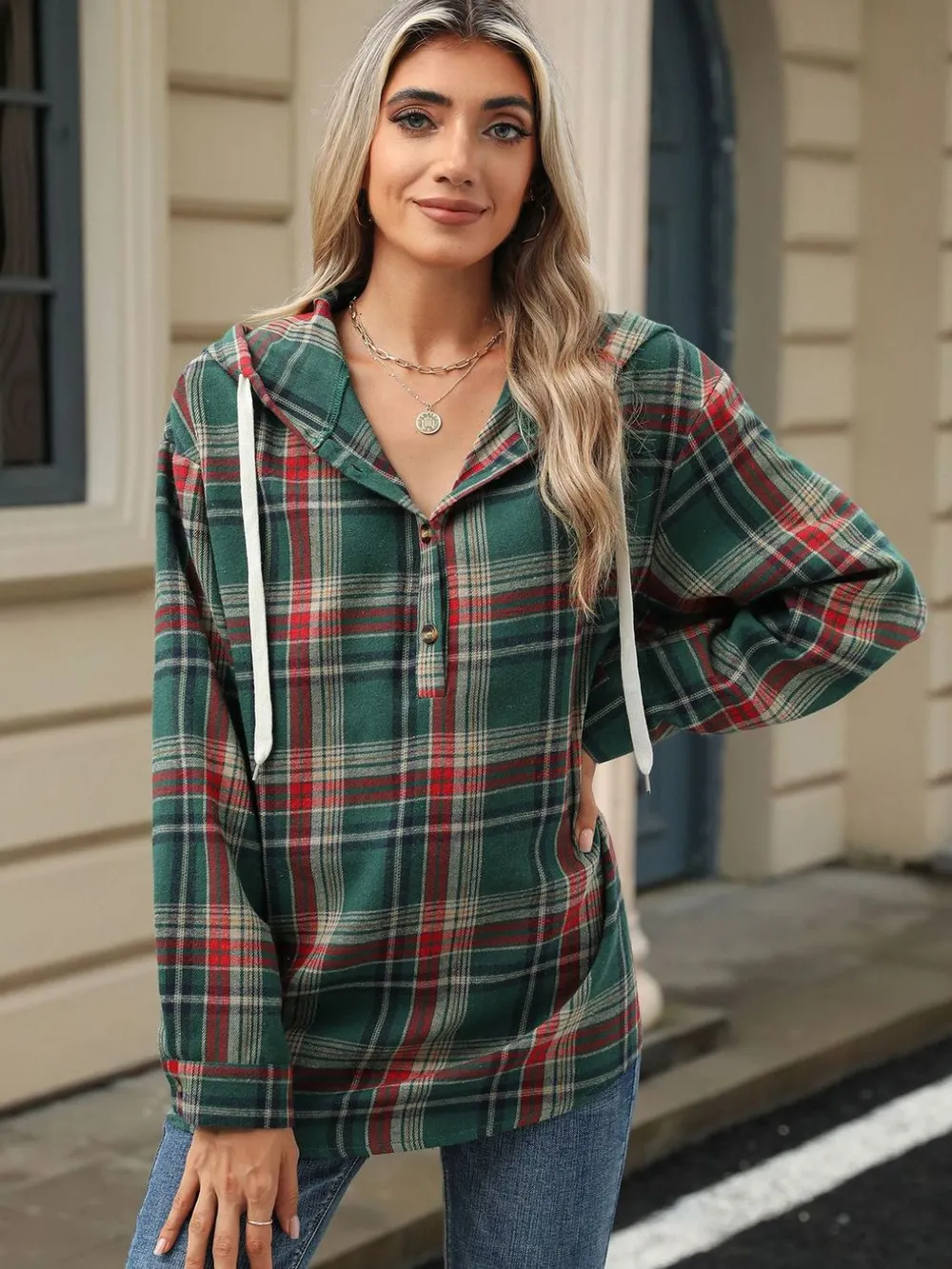 Drawstring Plaid Hooded Long Sleeve Top, image 5
