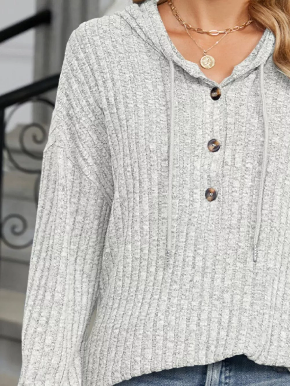 Ribbed Knit Drawstring Long Sleeve Hoodie, image 2