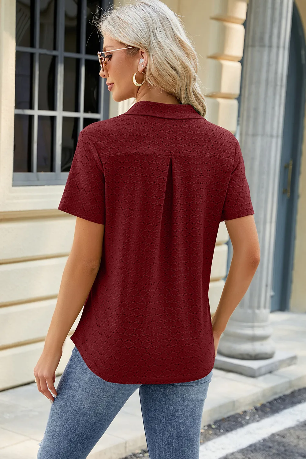 Pocketed Johnny Collar Short Sleeve Blouse, image 3
