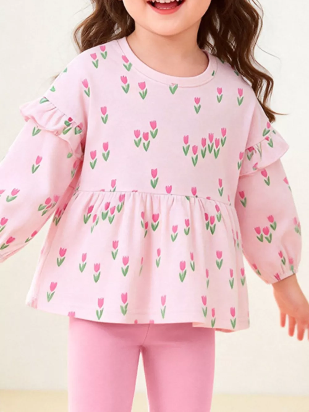 Children's Floral Print Peplum Top and Leggings Set, image 3