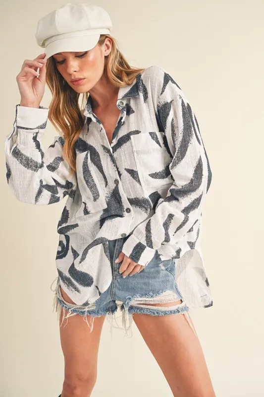 High-Low Printed Button Up Long Sleeve Shirt, image 2